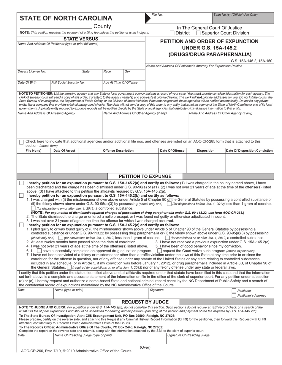 Form AOC-CR-266 Petition and Order of Expunction Under G.s. 15a-145.2 (Drugs / Drug Paraphernalia) - North Carolina, Page 1