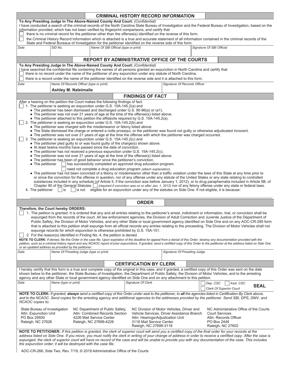 Form AOC-CR-266 Petition and Order of Expunction Under G.s. 15a-145.2 (Drugs / Drug Paraphernalia) - North Carolina, Page 2