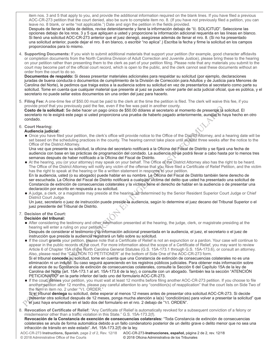 Instructions for Form AOC-CR-273 Certificate of Relief Petition and Order - North Carolina (English / Spanish), Page 2