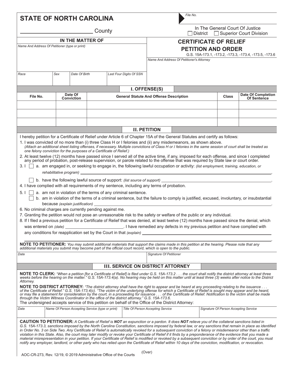 Form AOC CR 273 Download Fillable PDF or Fill Online Certificate of