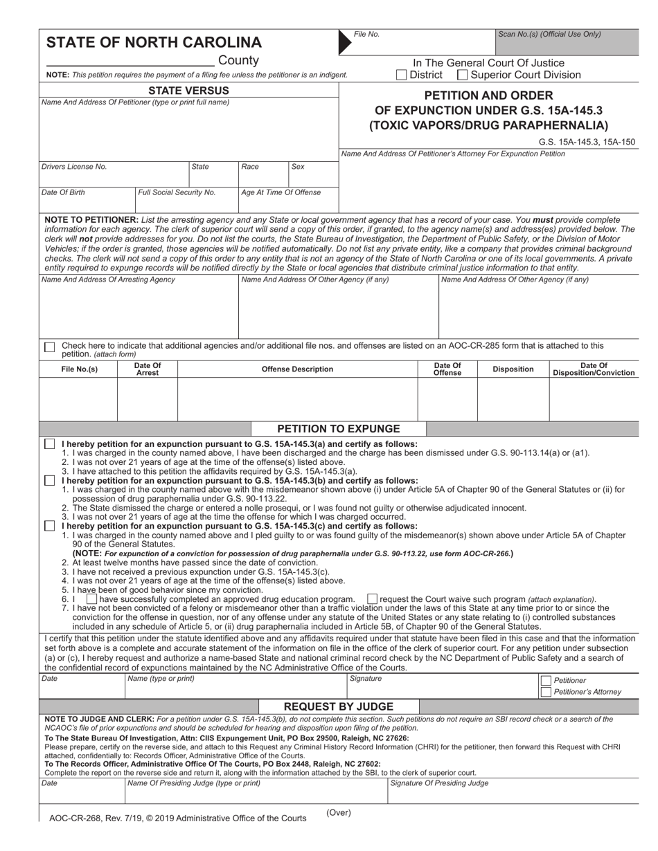 Form AOC-CR-268 Petition and Order of Expunction Under G.s. 15a-145.3 (Toxic Vapors / Drug Paraphernalia) - North Carolina, Page 1