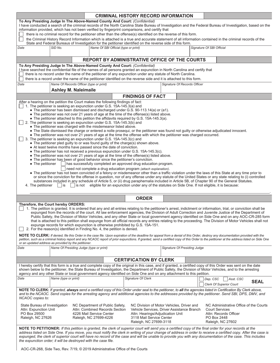 Form AOC-CR-268 Petition and Order of Expunction Under G.s. 15a-145.3 (Toxic Vapors / Drug Paraphernalia) - North Carolina, Page 2