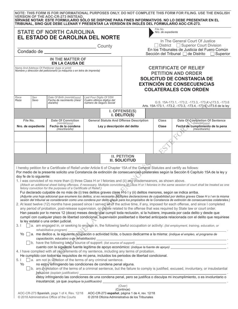 Form AOC-CR-273 Certificate of Relief Petition and Order - North Carolina (English / Spanish), Page 1