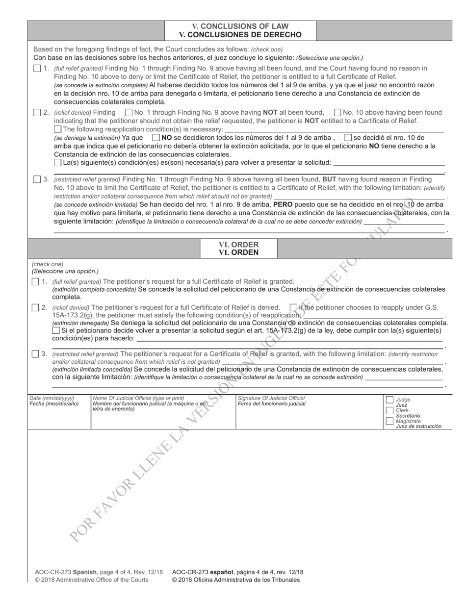 Form AOC-CR-273 Certificate of Relief Petition and Order - North Carolina (English / Spanish), Page 4