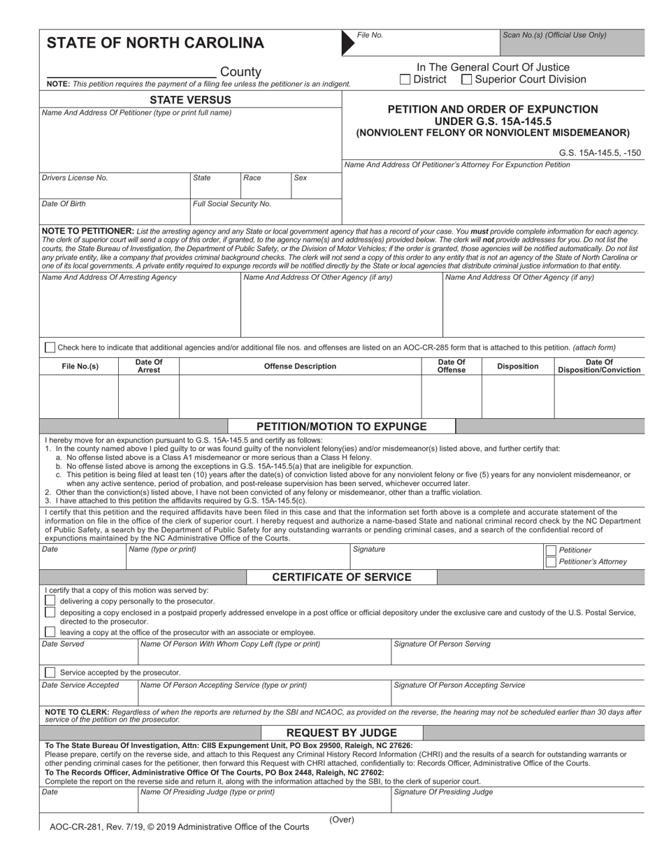 Form AOC-CR-281 Petition and Order of Expunction Under G.s. 15a-145.5 (Nonviolent Felony or Nonviolent Misdemeanor) - North Carolina, Page 1