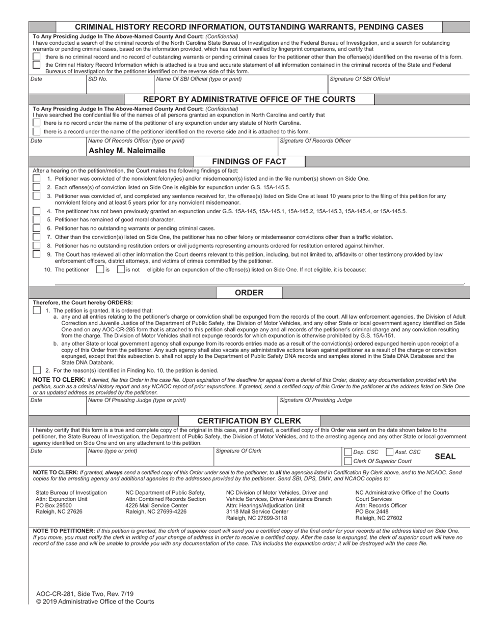 Form AOC-CR-281 Petition and Order of Expunction Under G.s. 15a-145.5 (Nonviolent Felony or Nonviolent Misdemeanor) - North Carolina, Page 2