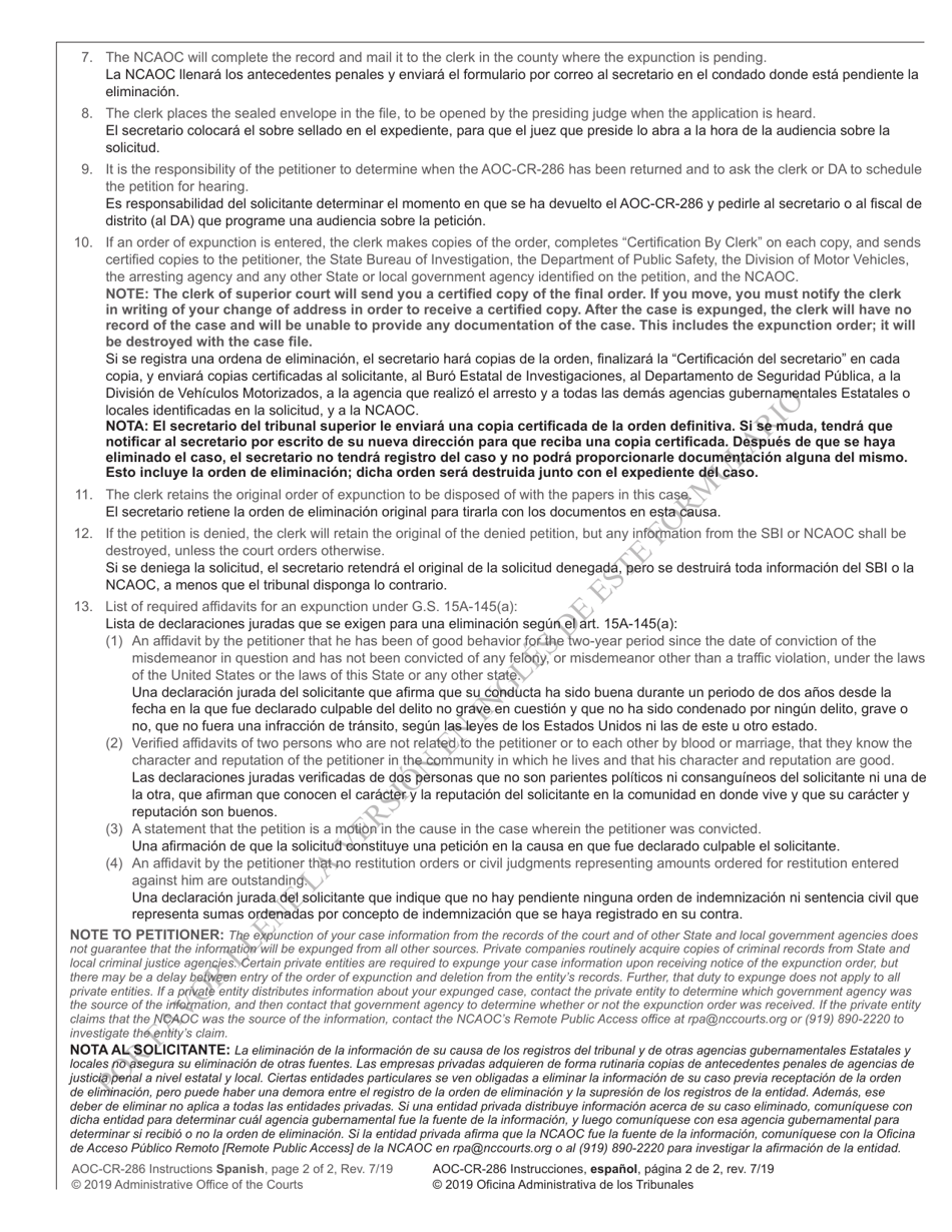 Instructions for Form AOC-CR-286 Petition and Order of Expunction Under G.s. 15a-145(A) (Non-traffic Misdemeanor Under Age 18 or Misdemeanor Possession of Alcohol Under Age 21) - North Carolina (English / Spanish), Page 2