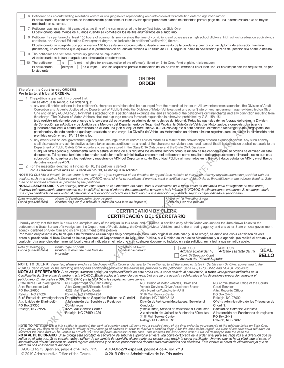 Form AOC-CR-279 Petition and Order of Expunction Under G.s. 15a-145.4 (Nonviolent Felony Under Age 18) - North Carolina (English / Spanish), Page 4