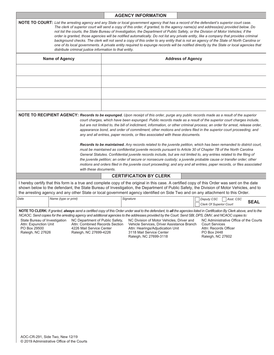 Form AOC-CR-291 Motion and Order to Remand Case From Superior Court to District Court and Order of Expunction Under G.s. 15a-145.8(A) (Charges Remanded to District Court for Juvenile Adjudication) - North Carolina, Page 2