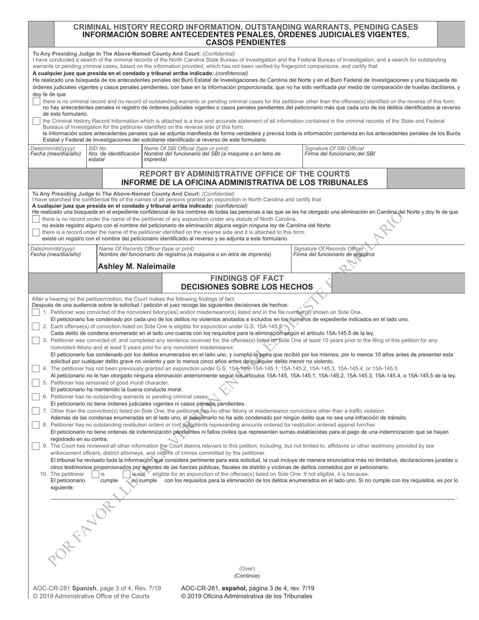 Form AOC-CR-281 Petition and Order of Expunction Under G.s. 15a-145.5 (Nonviolent Felony or Nonviolent Misdemeanor) - North Carolina (English / Spanish), Page 3