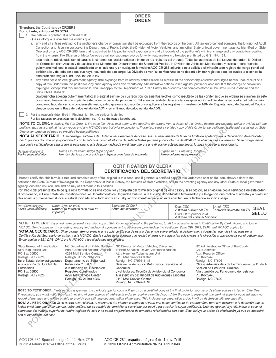 Form AOC-CR-281 Petition and Order of Expunction Under G.s. 15a-145.5 (Nonviolent Felony or Nonviolent Misdemeanor) - North Carolina (English / Spanish), Page 4