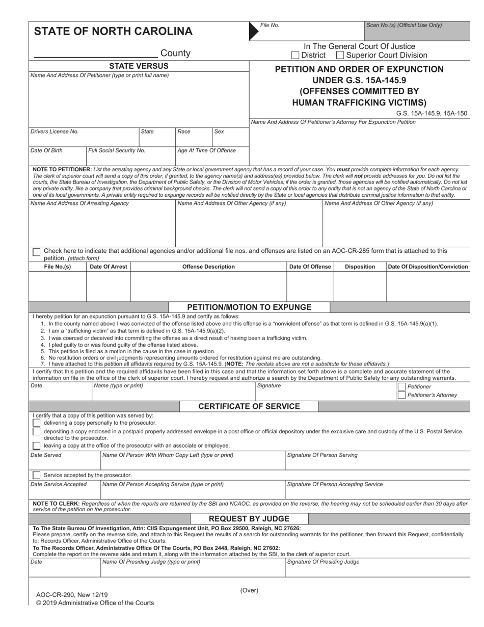 Form AOC-CR-290 Petition and Order of Expunction Under G.s. 15a-145.9 (Offenses Committed by Human Trafficking Victims) - North Carolina, Page 1