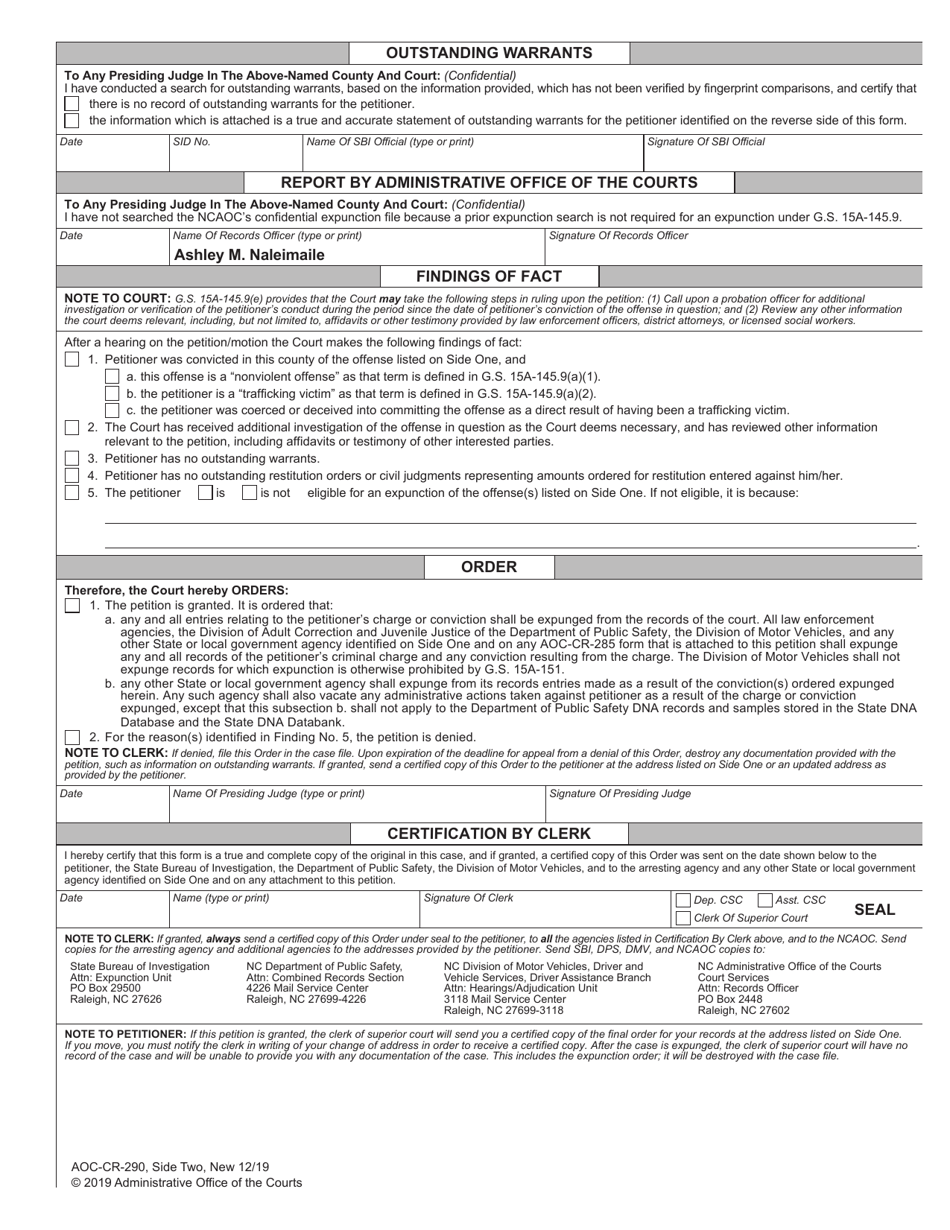 Form AOC-CR-290 Petition and Order of Expunction Under G.s. 15a-145.9 (Offenses Committed by Human Trafficking Victims) - North Carolina, Page 2