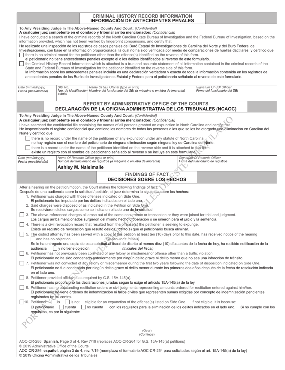 Form AOC-CR-286 Petition and Order of Expunction Under G.s. 15a-145(A) (Non-traffic Misdemeanor Under Age 18 or Misdemeanor Possession of Alcohol Under Age 21) - North Carolina (English / Spanish), Page 3