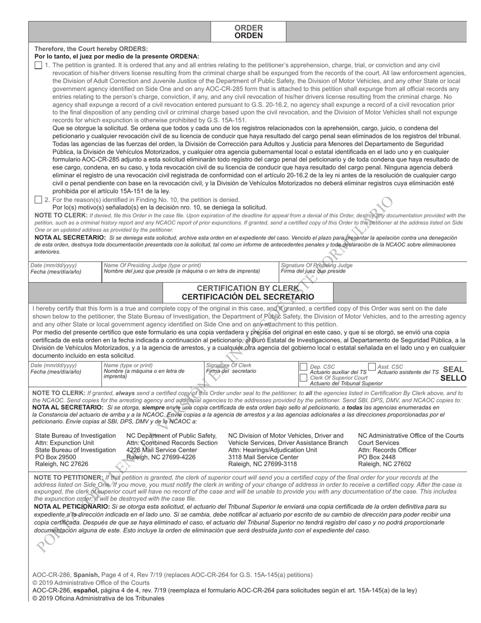 Form AOC-CR-286 Petition and Order of Expunction Under G.s. 15a-145(A) (Non-traffic Misdemeanor Under Age 18 or Misdemeanor Possession of Alcohol Under Age 21) - North Carolina (English / Spanish), Page 4