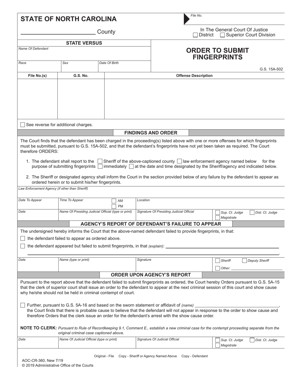 Form AOC-CR-360 Order to Submit Fingerprints - North Carolina, Page 1