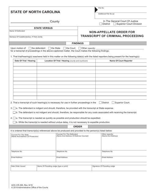 Form AOC-CR-395 Non-appellate Order for Transcript of Criminal Proceeding - North Carolina