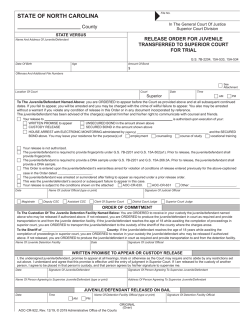 Form AOC-CR-922 Release Order for Juvenile Transferred to Superior Court for Trial - North Carolina