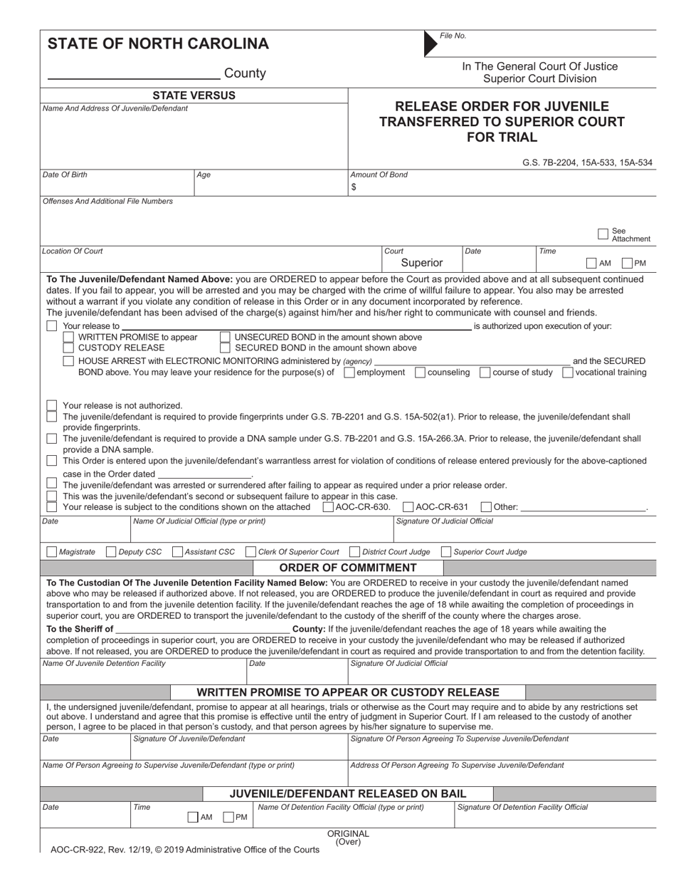 Form AOC-CR-922 Release Order for Juvenile Transferred to Superior Court for Trial - North Carolina, Page 1