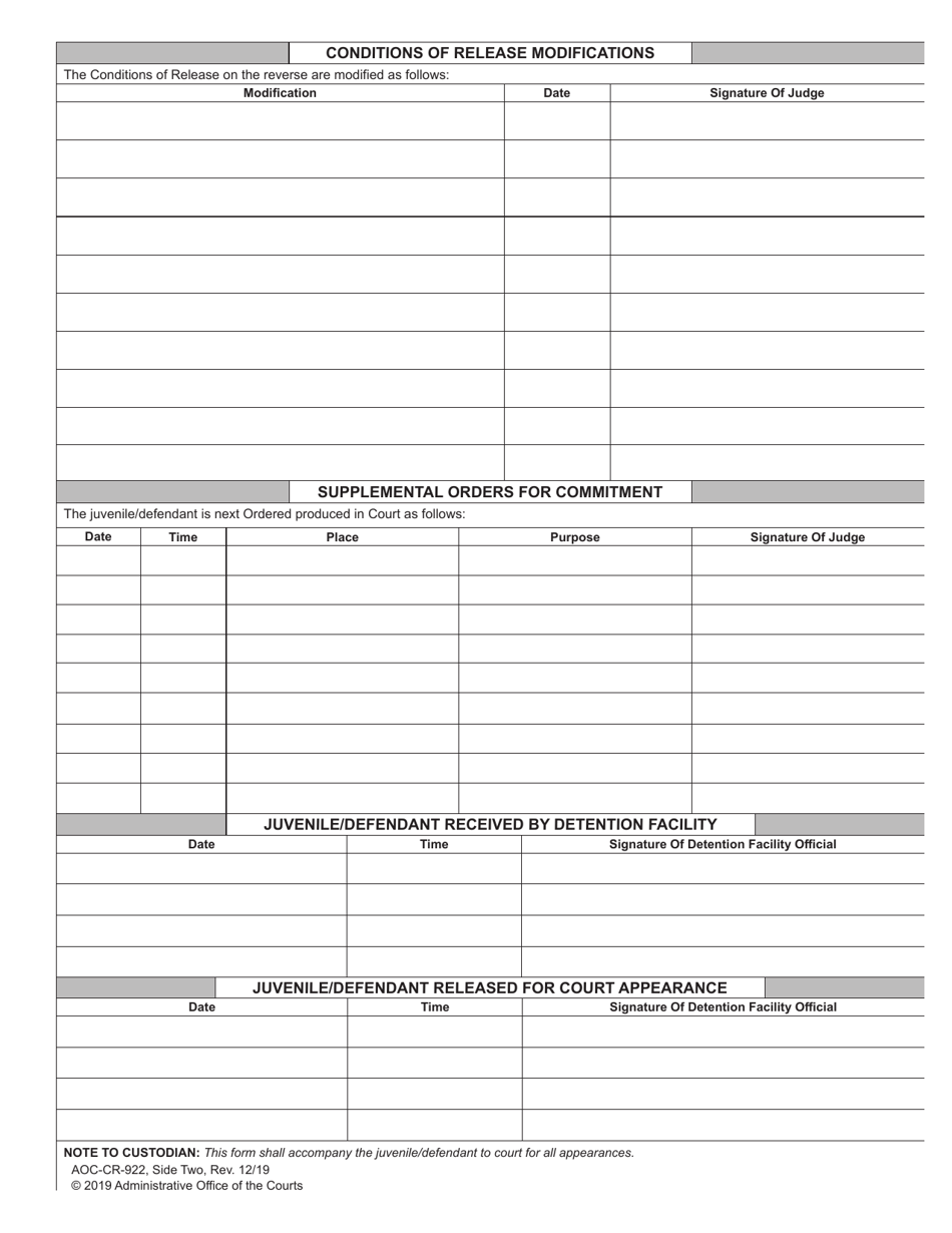 Form AOC-CR-922 Release Order for Juvenile Transferred to Superior Court for Trial - North Carolina, Page 2