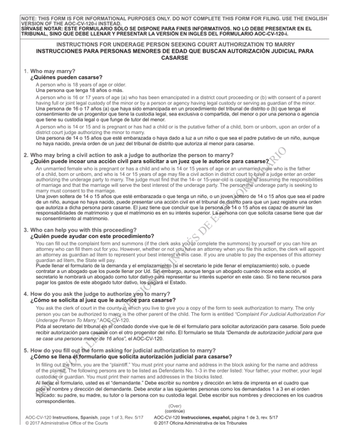 Document preview: Instructions for Form AOC-CV-120 Complaint for Judicial Authorization for Underage Person to Marry - North Carolina (English/Spanish)