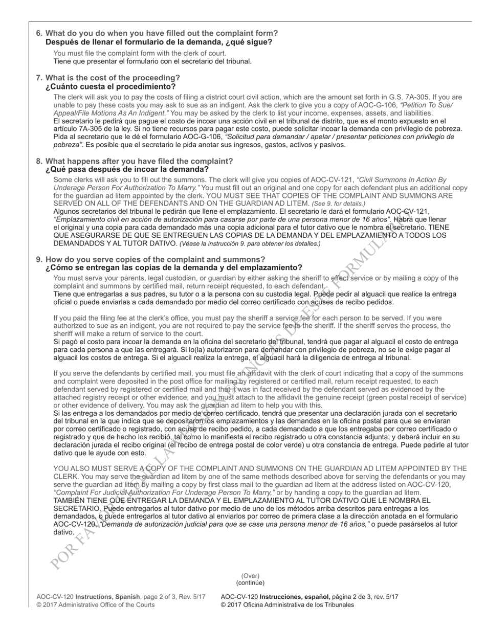 Instructions for Form AOC-CV-120 Complaint for Judicial Authorization for Underage Person to Marry - North Carolina (English / Spanish), Page 2