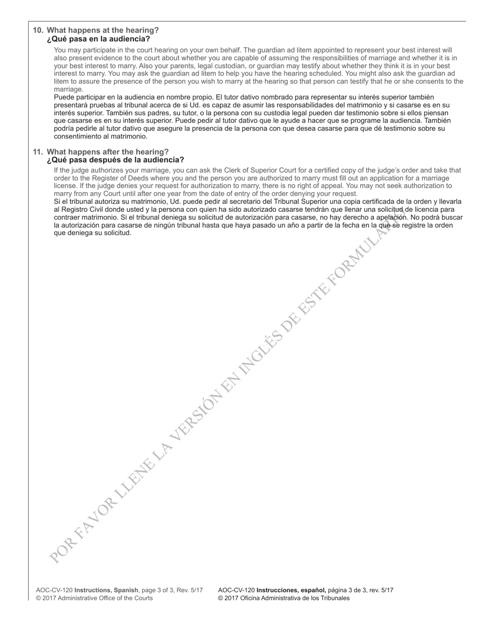 Instructions for Form AOC-CV-120 Complaint for Judicial Authorization for Underage Person to Marry - North Carolina (English / Spanish), Page 3