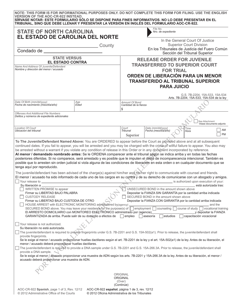Form AOC-CR-922 Release Order for Juvenile Transferred to Superior Court for Trial - North Carolina (English / Spanish), Page 1