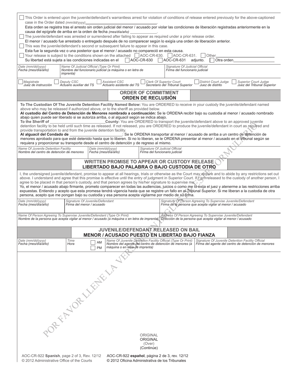 Form AOC-CR-922 Release Order for Juvenile Transferred to Superior Court for Trial - North Carolina (English / Spanish), Page 2