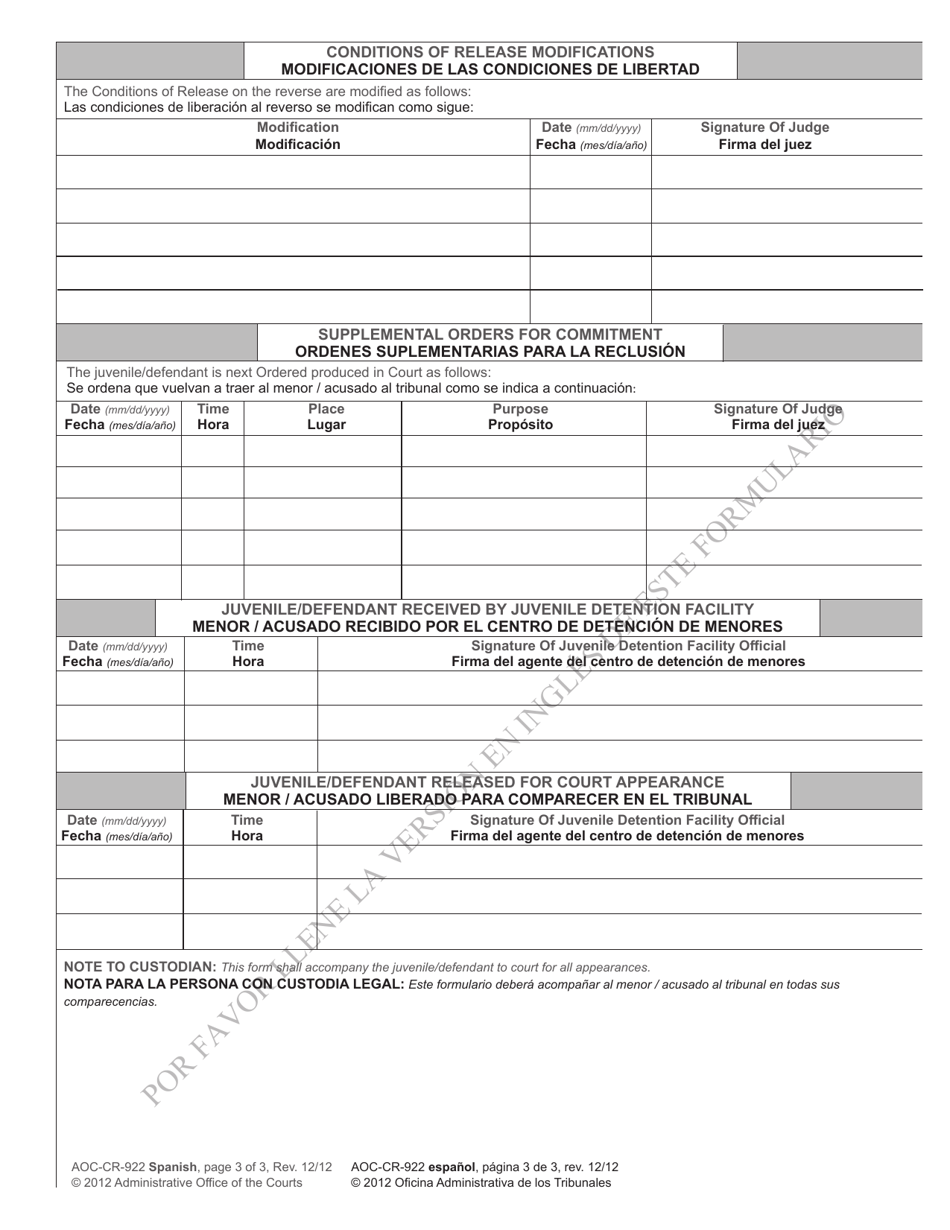 Form AOC-CR-922 Release Order for Juvenile Transferred to Superior Court for Trial - North Carolina (English / Spanish), Page 3