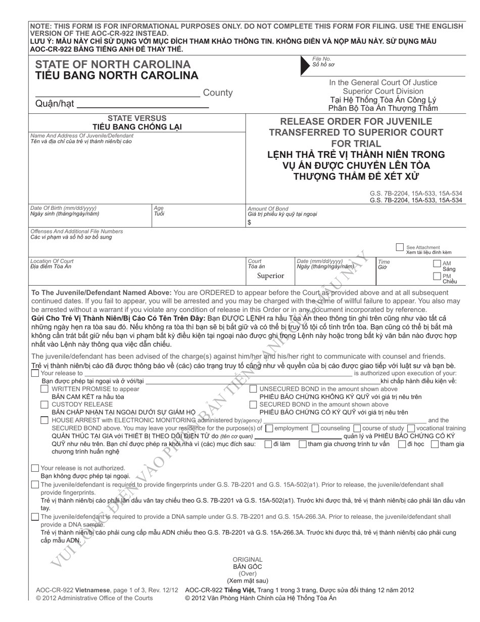 Form AOC-CR-922 Release Order for Juvenile Transferred to Superior Court for Trial - North Carolina (English / Vietnamese), Page 1