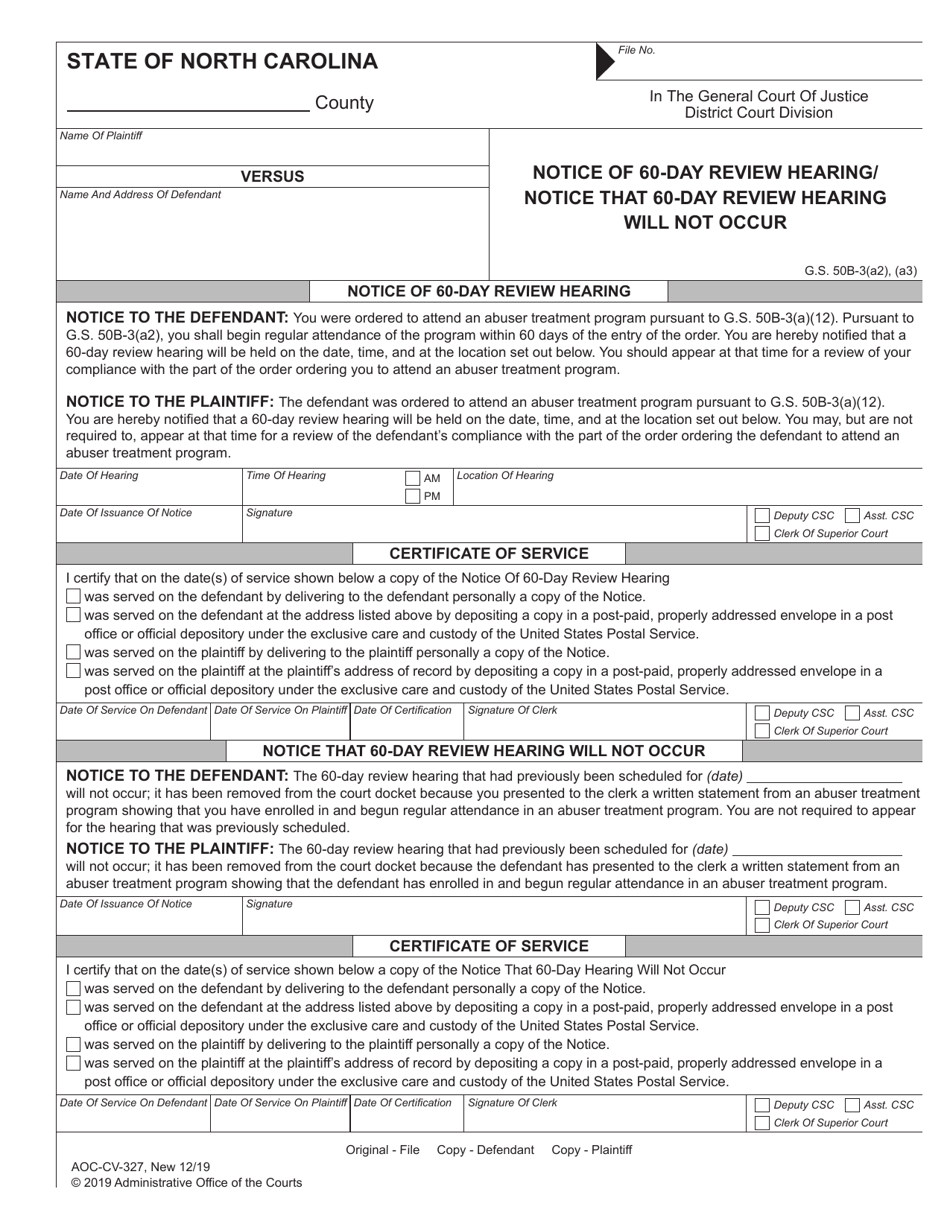Form AOC-CV-327 Notice of 60-day Review Hearing / Notice That 60-day Review Hearing Will Not Occur - North Carolina, Page 1