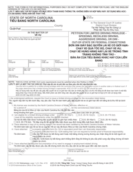 Document preview: Form AOC-CV-350 Petition for Limited Driving Privilege - Speeding, Reckless Driving, Aggressive Driving, or Dwi - Out-of-State or Federal Convictions - North Carolina (English/Vietnamese)