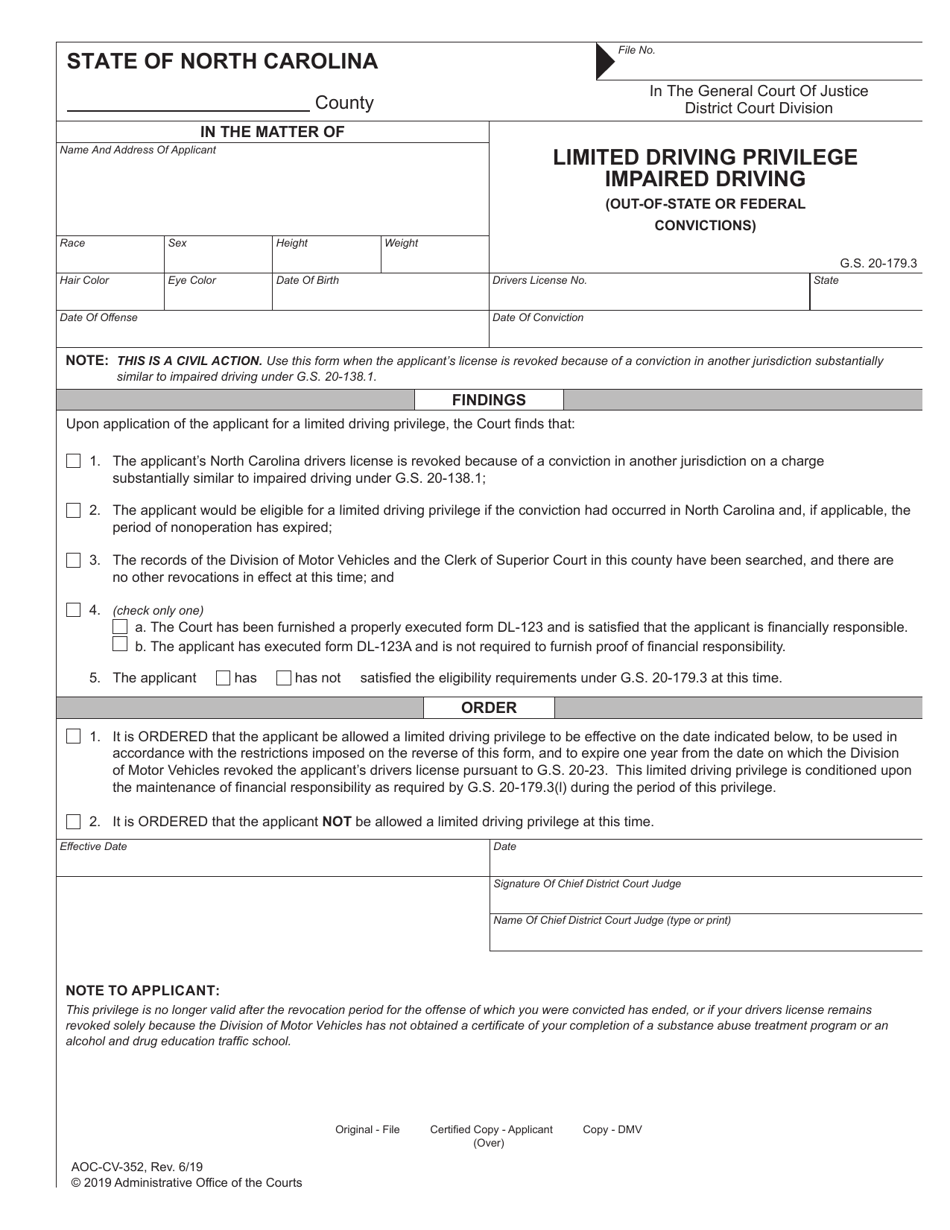 Form AOC-CV-352 Limited Driving Privilege Impaired Driving (Out-of-State or Federal Convictions) - North Carolina, Page 1