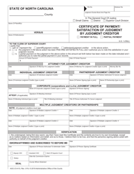 Document preview: Form AOC-CV-413 Certificate of Payment/Satisfaction of Judgment by Judgment Creditor - North Carolina