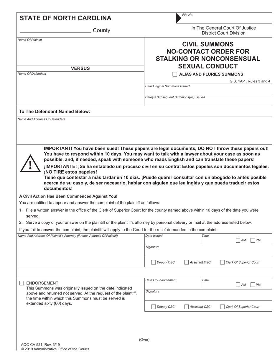 Form AOC-CV-521 Civil Summons No-Contact Order for Stalking or Nonconsensual Sexual Conduct - North Carolina, Page 1