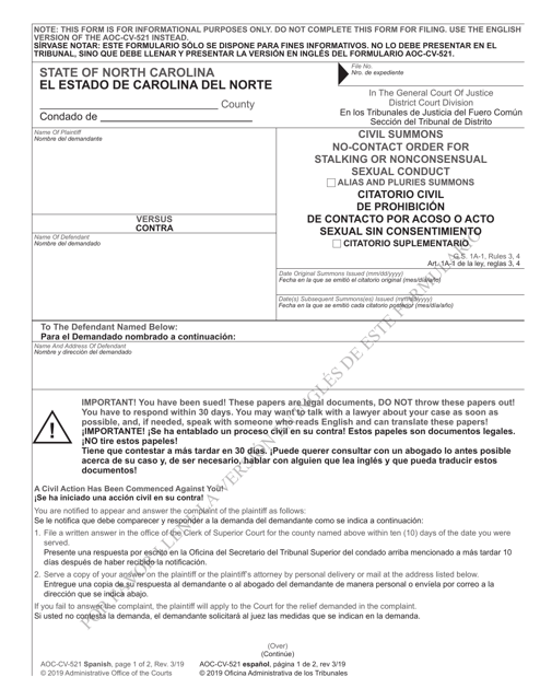 Form AOC-CV-521 Civil Summons No-Contact Order for Stalking or Nonconsensual Sexual Conduct - North Carolina (English/Spanish)