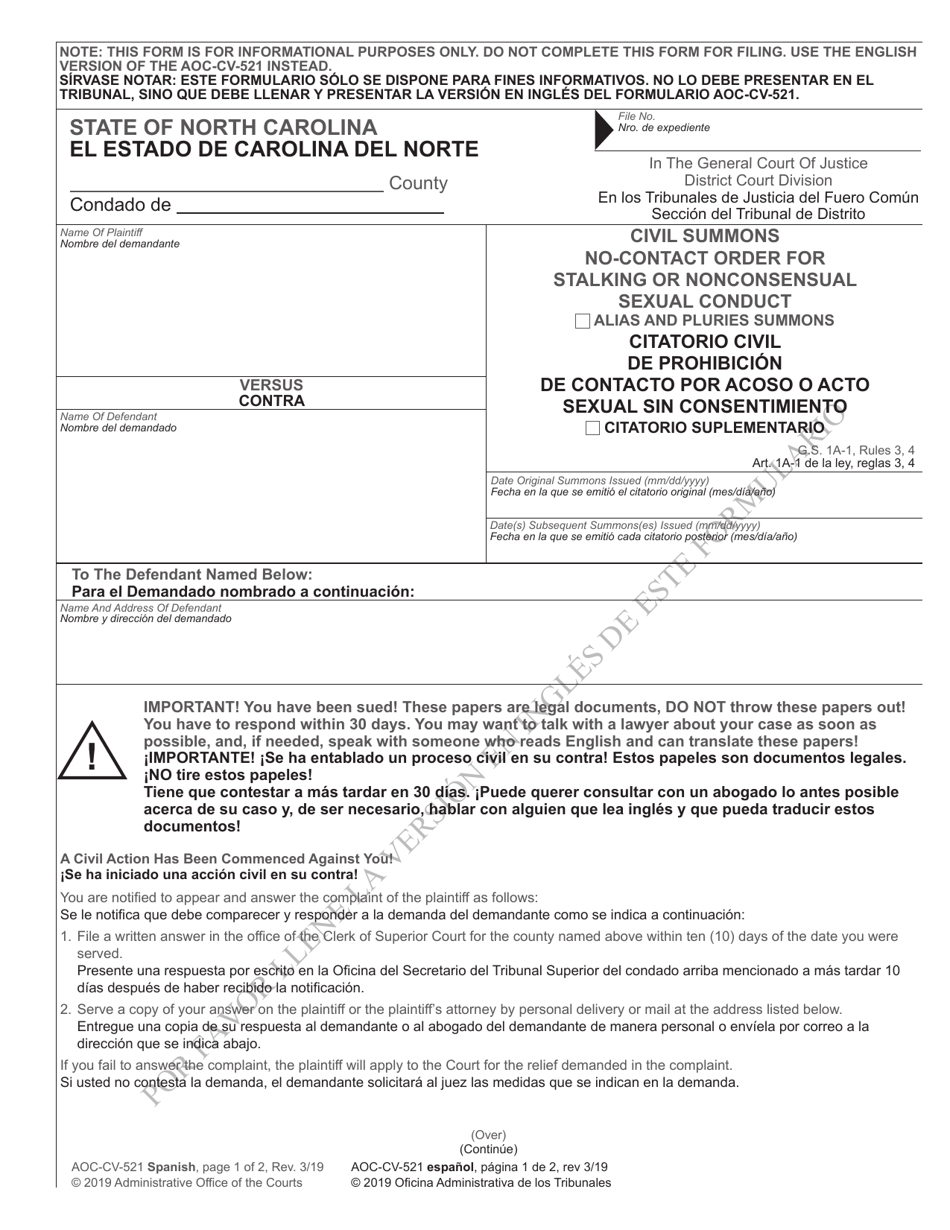 Form AOC-CV-521 Civil Summons No-Contact Order for Stalking or Nonconsensual Sexual Conduct - North Carolina (English / Spanish), Page 1