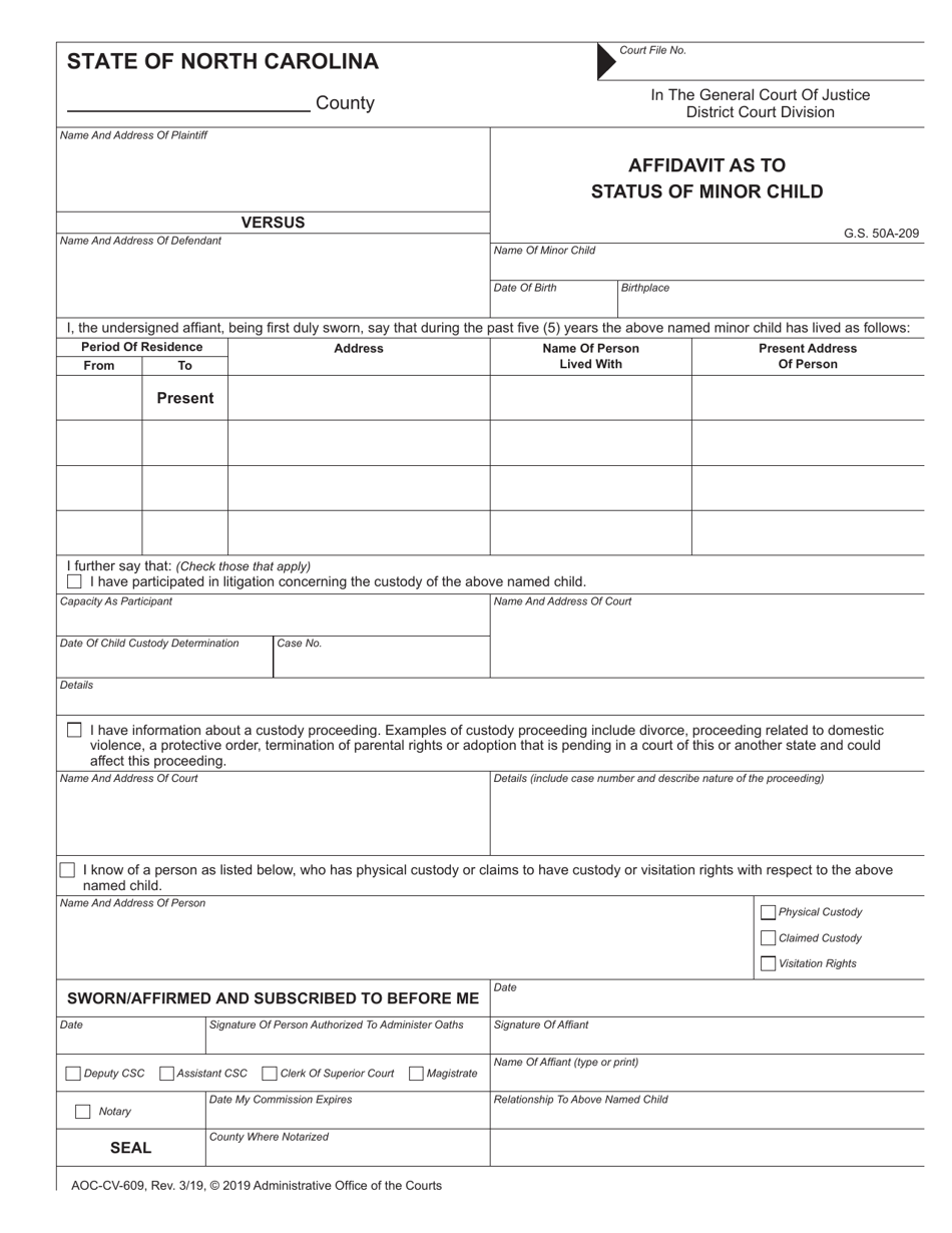 Form AOC-CV-609 Affidavit as to Status of Minor Child - North Carolina, Page 1