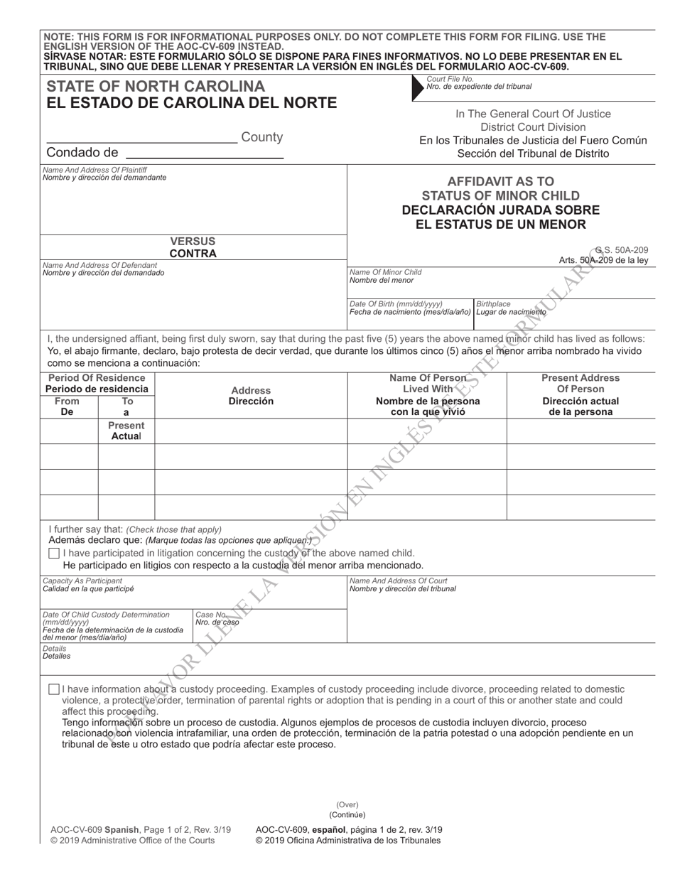 Form AOC-CV-609 Affidavit as to Status of Minor Child - North Carolina (English / Spanish), Page 1