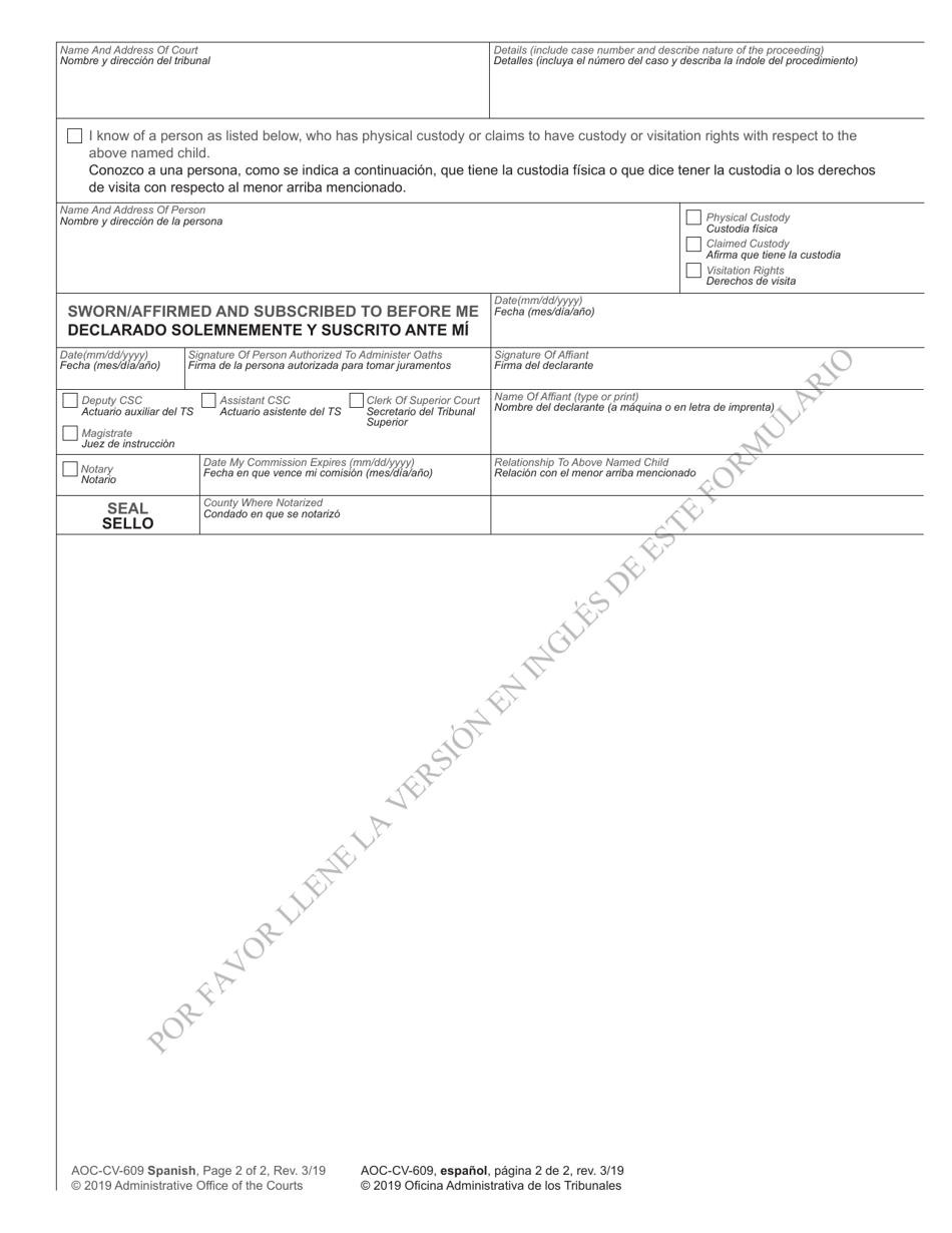 Form AOC-CV-609 Affidavit as to Status of Minor Child - North Carolina (English / Spanish), Page 2