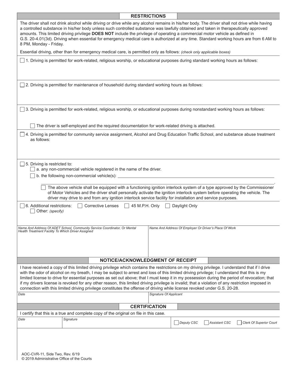 Form AOC-CVR-11 Limited Driving Privilege Indefinite Pretrial Revocation (Implied-Consent Offense) - North Carolina, Page 2