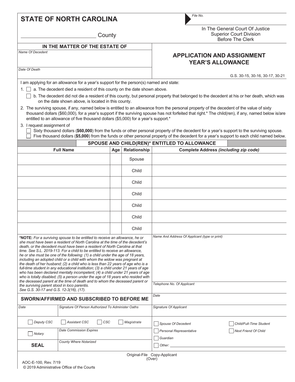 Form AOC-E-100 Application and Assignment Years Allowance - North Carolina, Page 1