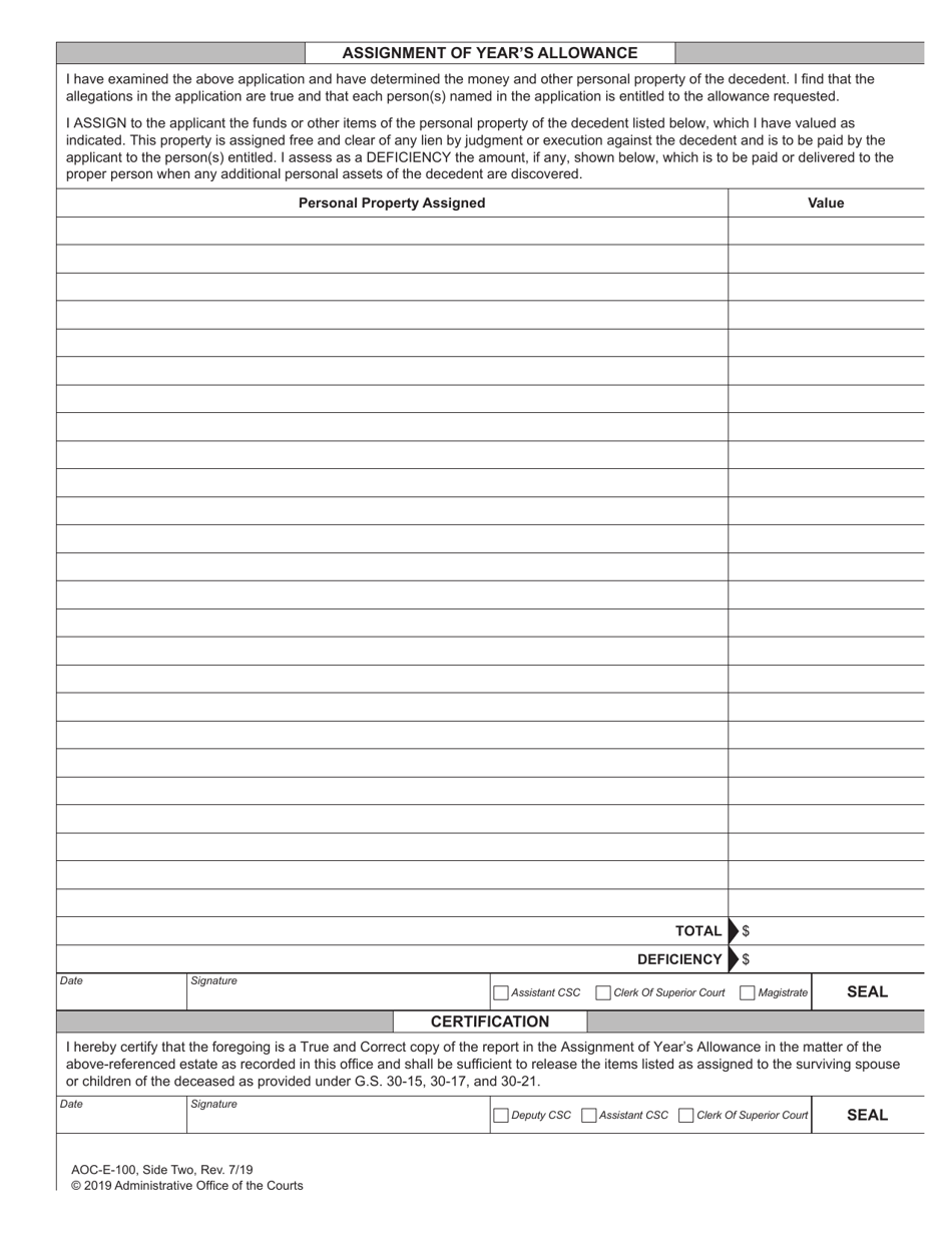 Form AOC-E-100 Application and Assignment Years Allowance - North Carolina, Page 2