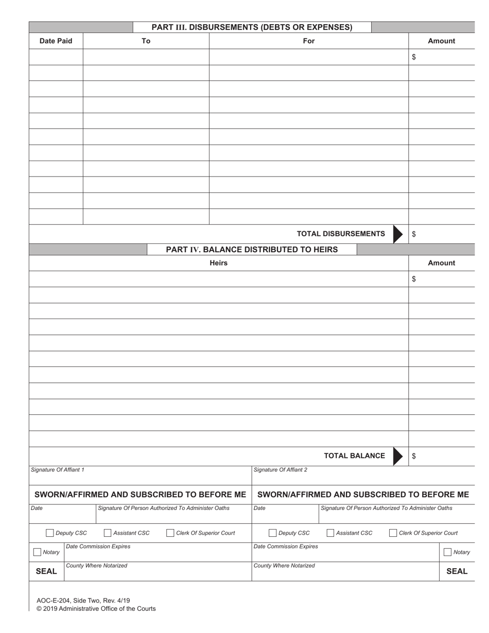 Form AOC-E-204 Affidavit of Collection, Disbursement and Distribution - North Carolina, Page 2