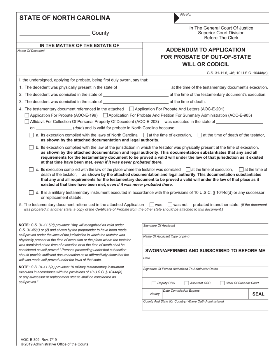 Form AOC-E-309 Addendum to Application for Probate of Out-of-State Will or Codicil - North Carolina, Page 1