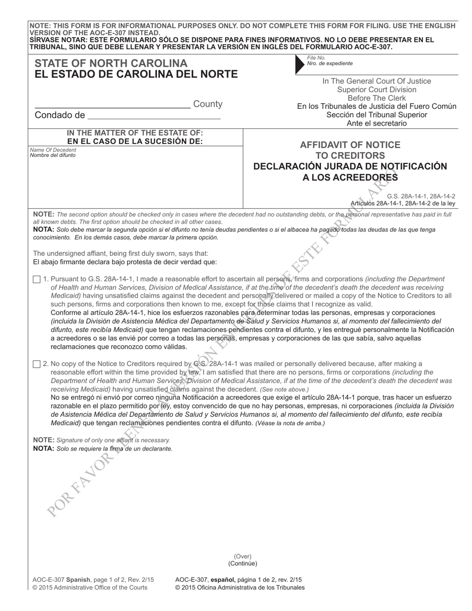 Form AOC-E-307 Affidavit of Notice to Creditors - North Carolina (English / Spanish), Page 1
