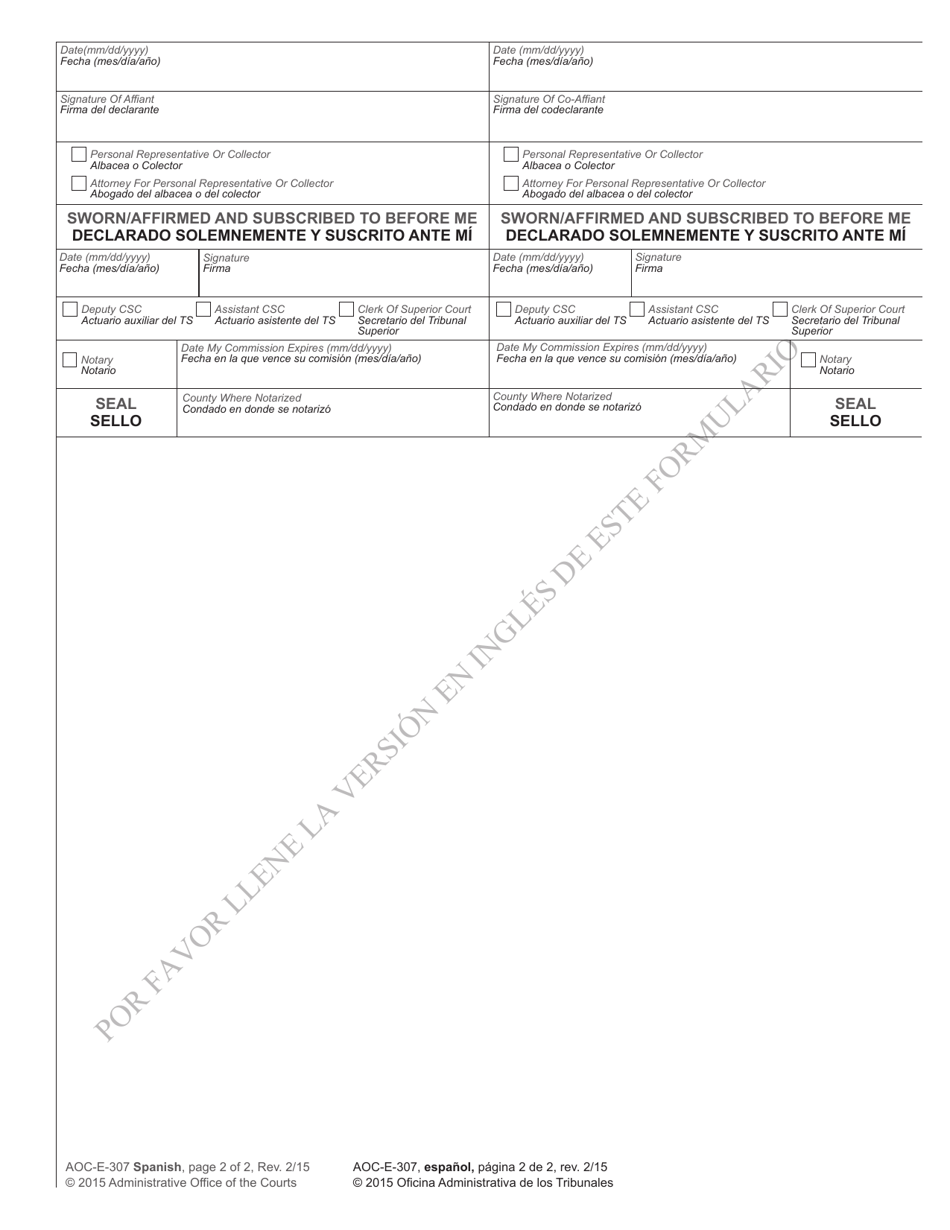 Form AOC-E-307 Affidavit of Notice to Creditors - North Carolina (English / Spanish), Page 2