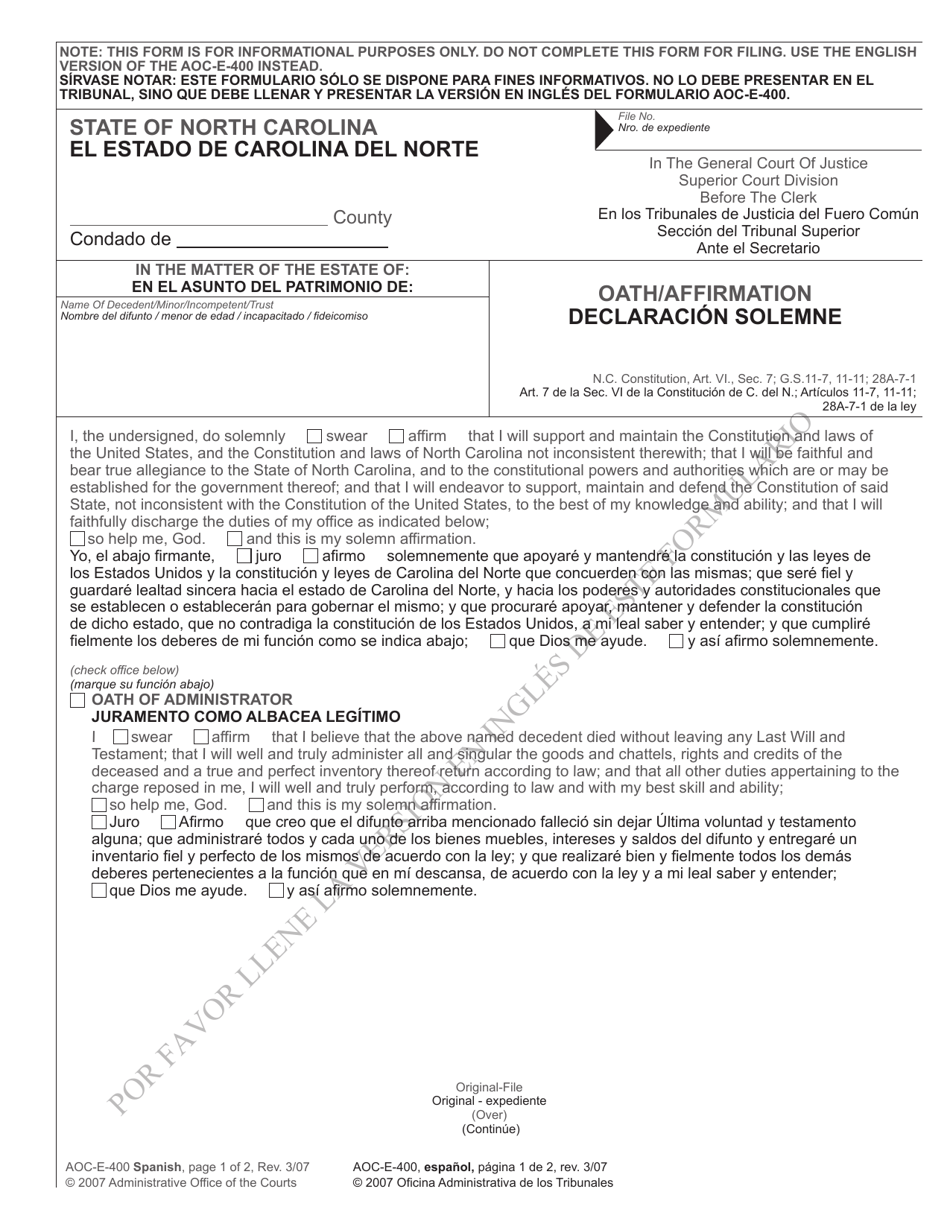 Form AOC-E-400 Oath / Affirmation - North Carolina (English / Spanish), Page 1