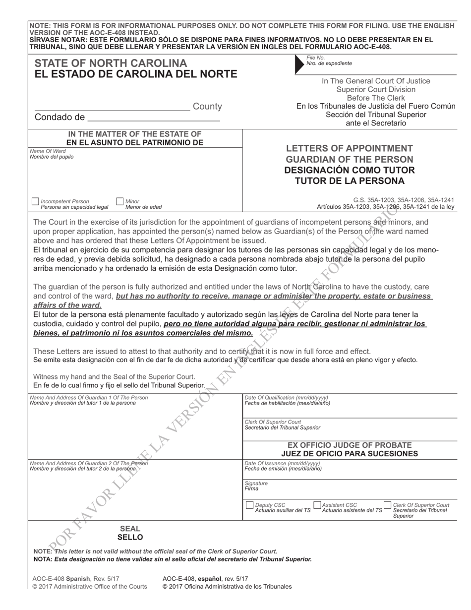 Form AOC-E-408 Letters of Appointment Guardian of the Person - North Carolina (English / Spanish), Page 1